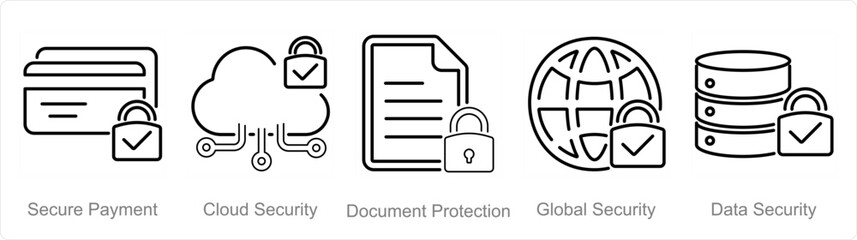 A set of 5 Cyber Security icons as secure payment, cloud security, document protection