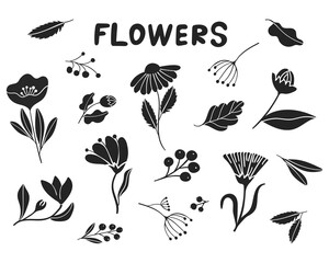 Black flowers isolated on white in linocut style. Every element can be used separately. Vector