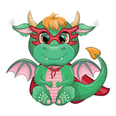 Cute cartoon green baby dragon in a red cape, super hero savior. Symbol of 2024 according to the Chinese calendar