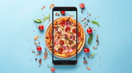 pizza with mobile phone  - obrazy, fototapety, plakaty