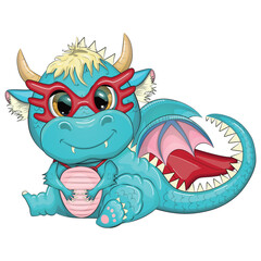 Cute cartoon green baby dragon in a red cape, super hero savior. Symbol of 2024 according to the Chinese calendar