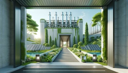 Sustainable Green Factory with Solar Panels and Eco-Friendly Design. AI Generated.