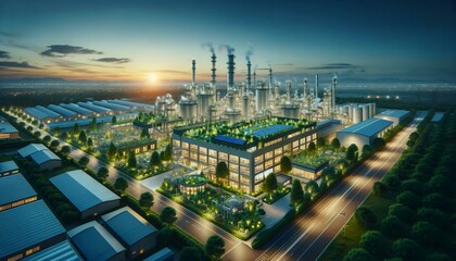 Eco-Friendly Industrial Park and Factory with Sustainable Green Technology and Clean Energy. AI Generated. - obrazy, fototapety, plakaty