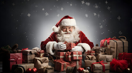 Happy Santa Claus sitting with a decorated Christmas background and present gift boxes to distribute on Christmas, Christmas Santa, Christmas background, New Year