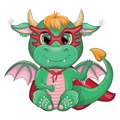 Cute cartoon green baby dragon in a red cape, super hero savior. Symbol of 2024 according to the Chinese calendar