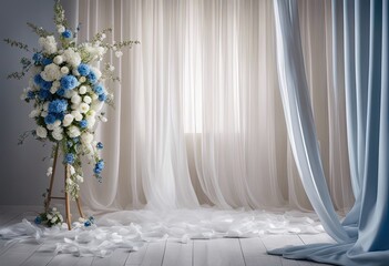 Maternity backdrop, wedding backdrop, blue flowers, white flowers, elegant wall background, flowing white satin drapes, giant flowers, fabric, photography background, maternity props