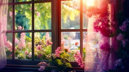Fototapeta na wymiar Window sill filled with lots of flowers next to window sill.