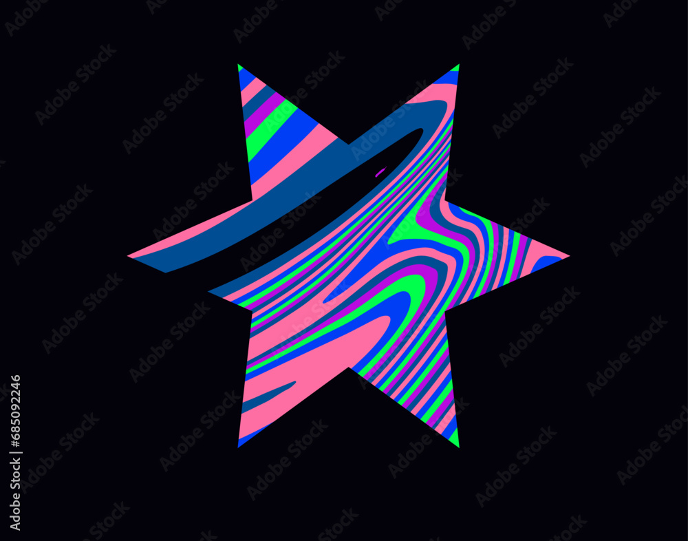 Poster Star with psychedelic pattern in neon acid colors. Template for a logotype design.