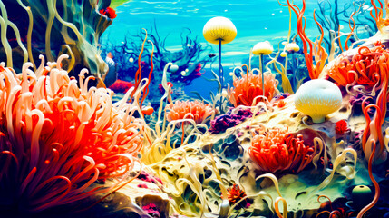Fototapeta na wymiar Underwater scene with corals and sponges and other marine life in the water.