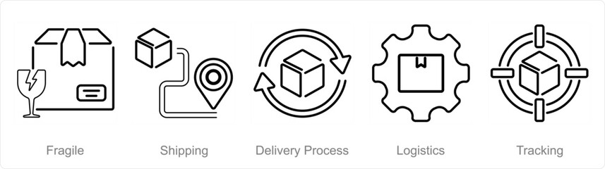 A set of 5 delivery icons as fragile, shipping, delivery process