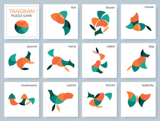 Tangram puzzle game. Vector set with various objects.