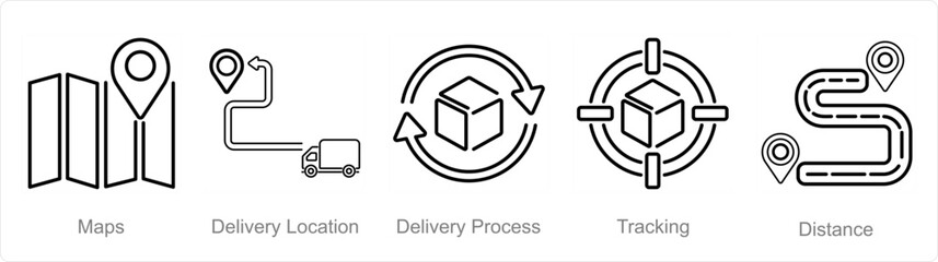 A set of 5 delivery icons as maps, delivery location, delivery process - obrazy, fototapety, plakaty