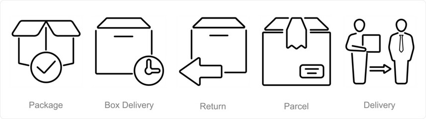 A set of 5 delivery icons as package, box delivery, return