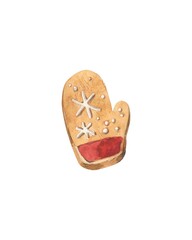 Watercolor sketch of a gingerbread Christmas cookie mitten. Illustration hand drawn isolated on white background. Use for invitations, cards and stickers