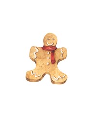 Watercolor sketch of a gingerbread man Christmas cookie. Illustration hand drawn isolated on white background. Use for invitations, cards and stickers 