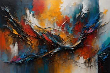 Afwasbaar fotobehang Explore the depth of abstraction with a painting that dances between chaos and harmony, where bold brushstrokes © Resonant Visions