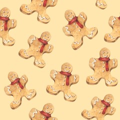 Seamless pattern with watercolor Christmas gingerbread cookie men on a beige background. Use for printing holiday wrapping paper for gifts and decorations