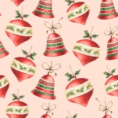 Seamless pattern with watercolor red Christmas tree toys on a pink background. Used for printing gift wrapping paper, textile and fabric.Иллюстрация без названия