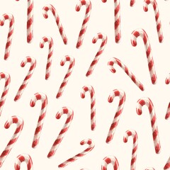 Иллюстрация без названияSeamless pattern with watercolor red and white candy canes on a beige background. Used for printing gift wrapping paper, textile and fabric.