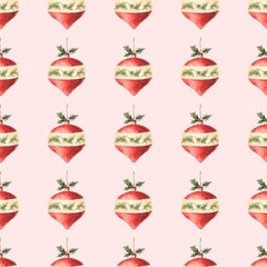 Seamless pattern with watercolor red Christmas tree decorations with holly leaves on a pink background. Used for printing gift wrapping paper, textile and fabric.