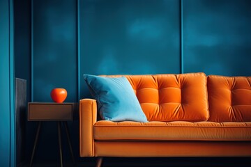 Orange sofa with blue pillow, living room interior minimalism decor