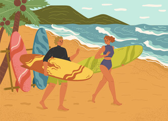 Happy young people with surfboards on tropical beach scene