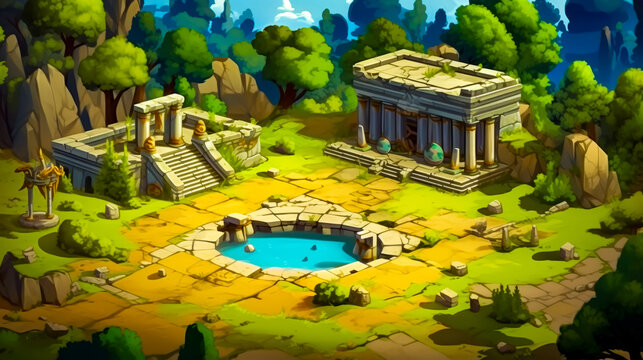 Computer generated image of ancient city with pool in the middle of it.