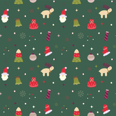 seamless pattern with New Year and Christmas attributes on a green background for wrapping paper, textiles, gifts, cards, websites, backgrounds, wallpapers, clothing