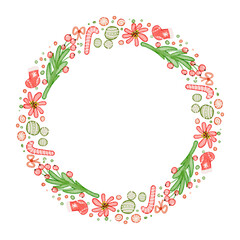 Watercolor wreath with christmas tree branches and christmas elements vector