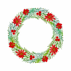 Watercolor wreath with christmas tree branches and christmas flowers vector