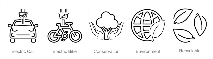 A set of 5 Ecology icons as electric car, electric bike, conservation