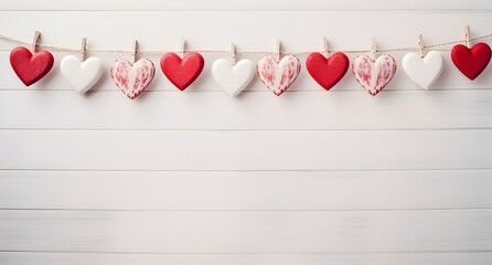 Row of various heart-shaped ornaments clipped to a string on a wooden background, love concept