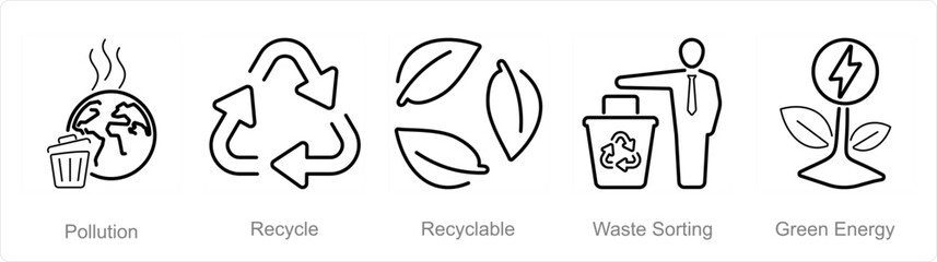 A set of 5 Ecology icons as pollution, recycle, recycable