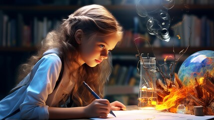 Exploring the Cosmos: Curious Young Scientist Engaged in a Space Study - obrazy, fototapety, plakaty