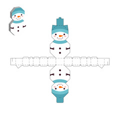 Simple packaging favor box snowman design for sweets, candies, small presents. Party package template. Print, cut out, fold, glue. Vector stock illustration