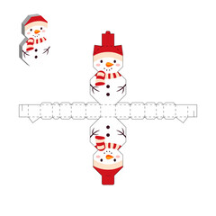 Simple packaging favor box snowman design for sweets, candies, small presents. Party package template. Print, cut out, fold, glue. Vector stock illustration