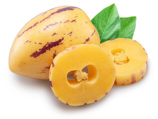 PPepino melon or pepino dulce and sliced fruit isolated on white background. Clipping path.