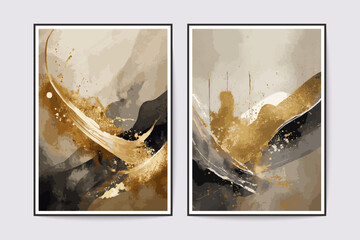 Modern abstract posters. Contemporary wall art in neutral color scheme with textural strokes and minimal splashes of gold. Vector set