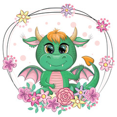 Cute cartoon green baby dragon with horns and wings. Symbol of 2024 according to the Chinese calendar. Funny mythical monster reptile
