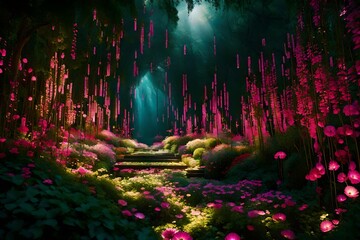 "Design an abstract garden of light, where luminescent flora blooms in an otherworldly landscape.