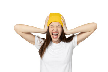 PNG, girl emotionally screaming, isolated on white background.