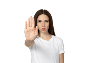 PNG girl with stop gesture isolated on white background.