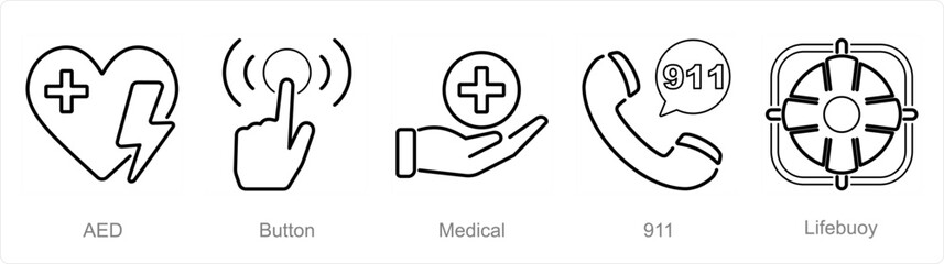 A set of 5 Emergency icons as aed, button, medical