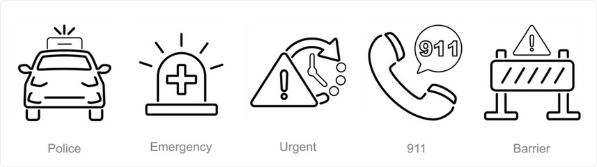 A set of 5 Emergency icons as police, emergency, urgent