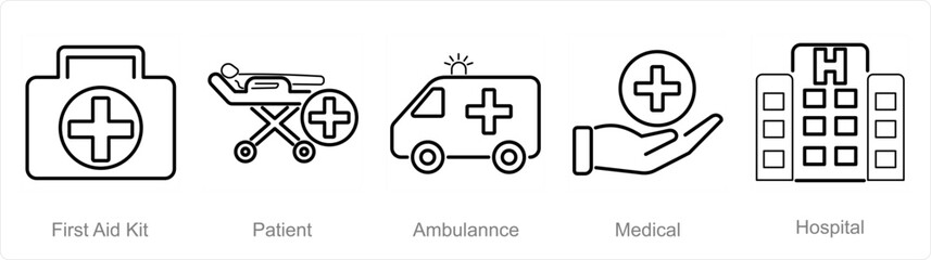 A set of 5 Emergency icons as first aid kit, patient, ambulance © popcornarts