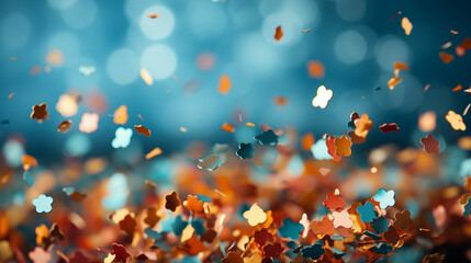 Confetti pieces in various shapes flutter through the air in a celebration with a vibrant blue bokeh background