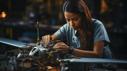 A focused female engineer carefully assembles a drone, surrounded by intricate parts in a workshop