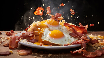 Big breakfast with bacon and scrambled eggs image in the dark background - Powered by Adobe