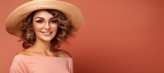 Fashionable woman in a straw hat and stylish glasses with a beaming smile on a terracotta background