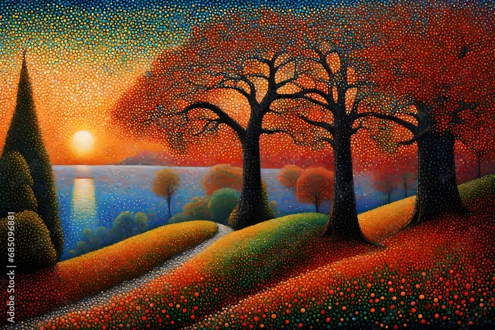 Poster embark on a mesmerizing journey into the world of pointillism, where meticulous dots of color coales
